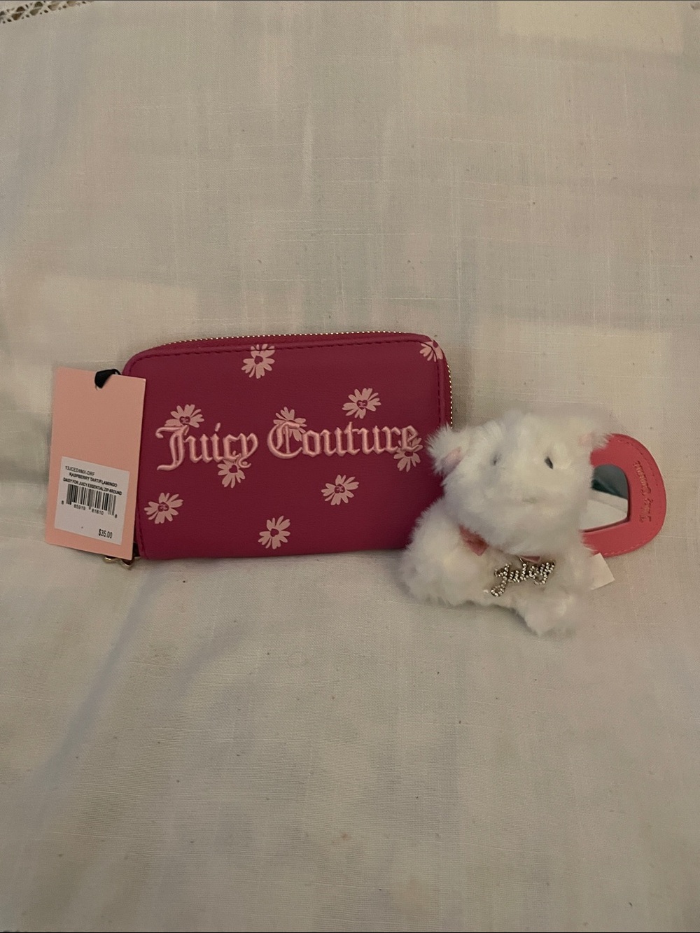 Juicy Couture Bright Pink Zip Wallet & Bear- Heart Keychain/ Bag Charm NWT